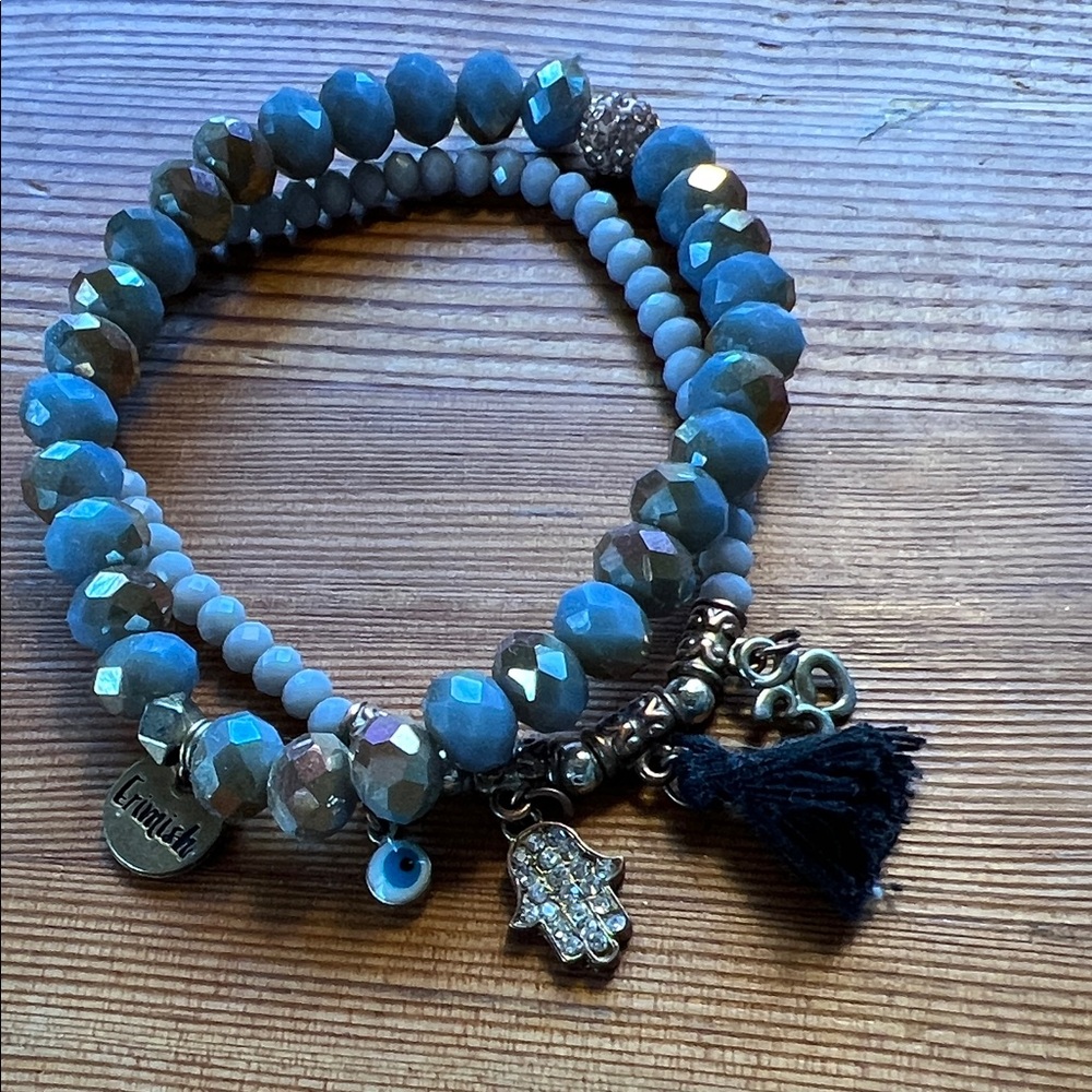 Blue Beaded Bracelet Set with Evil Eye, Om Charms